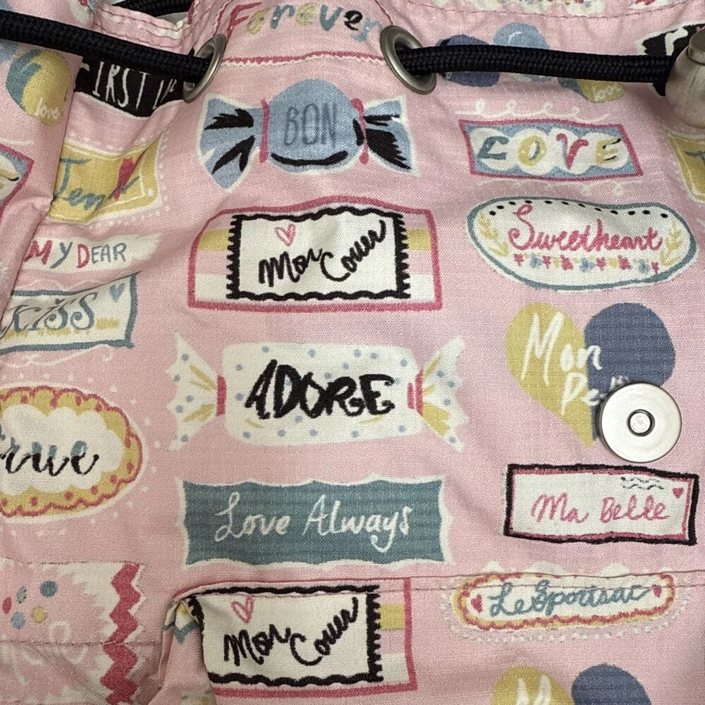 LeSportsac Small Mini Backpack Love Print Cinch Top Snap Closure Zipped Pockets
